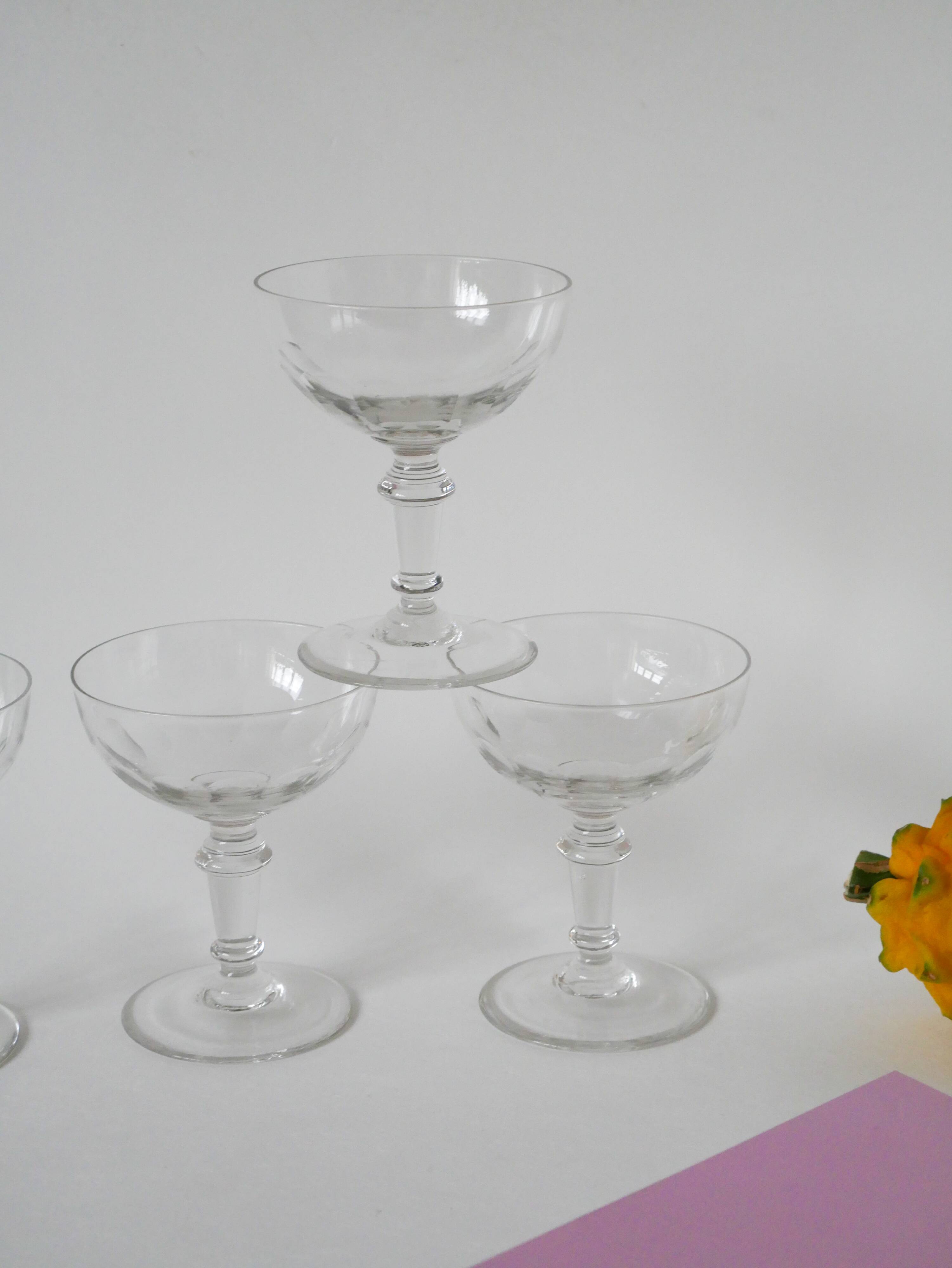 Set of 4 faceted crystal champagne glasses, 1930