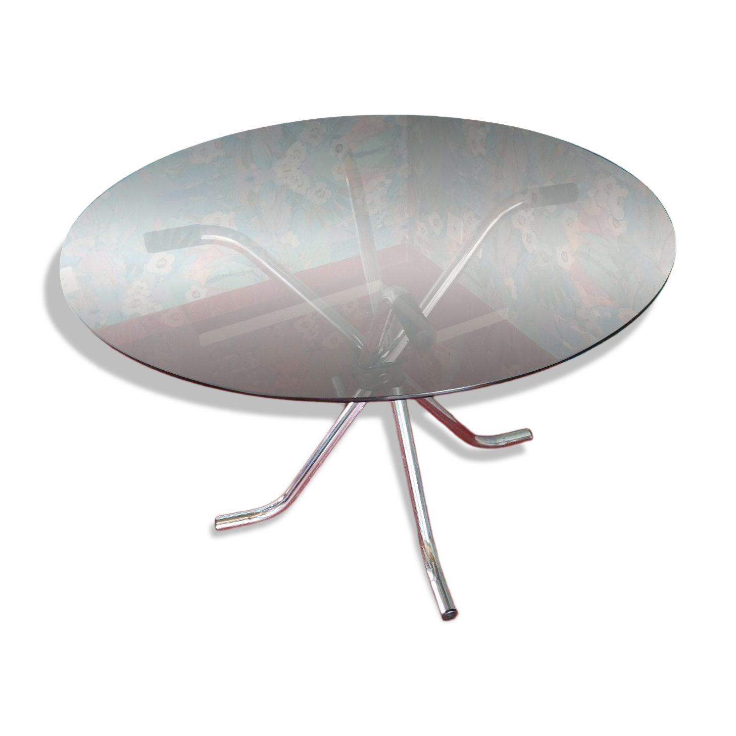 Vintage round table in smoked glass and chrome steel – 1970s design
