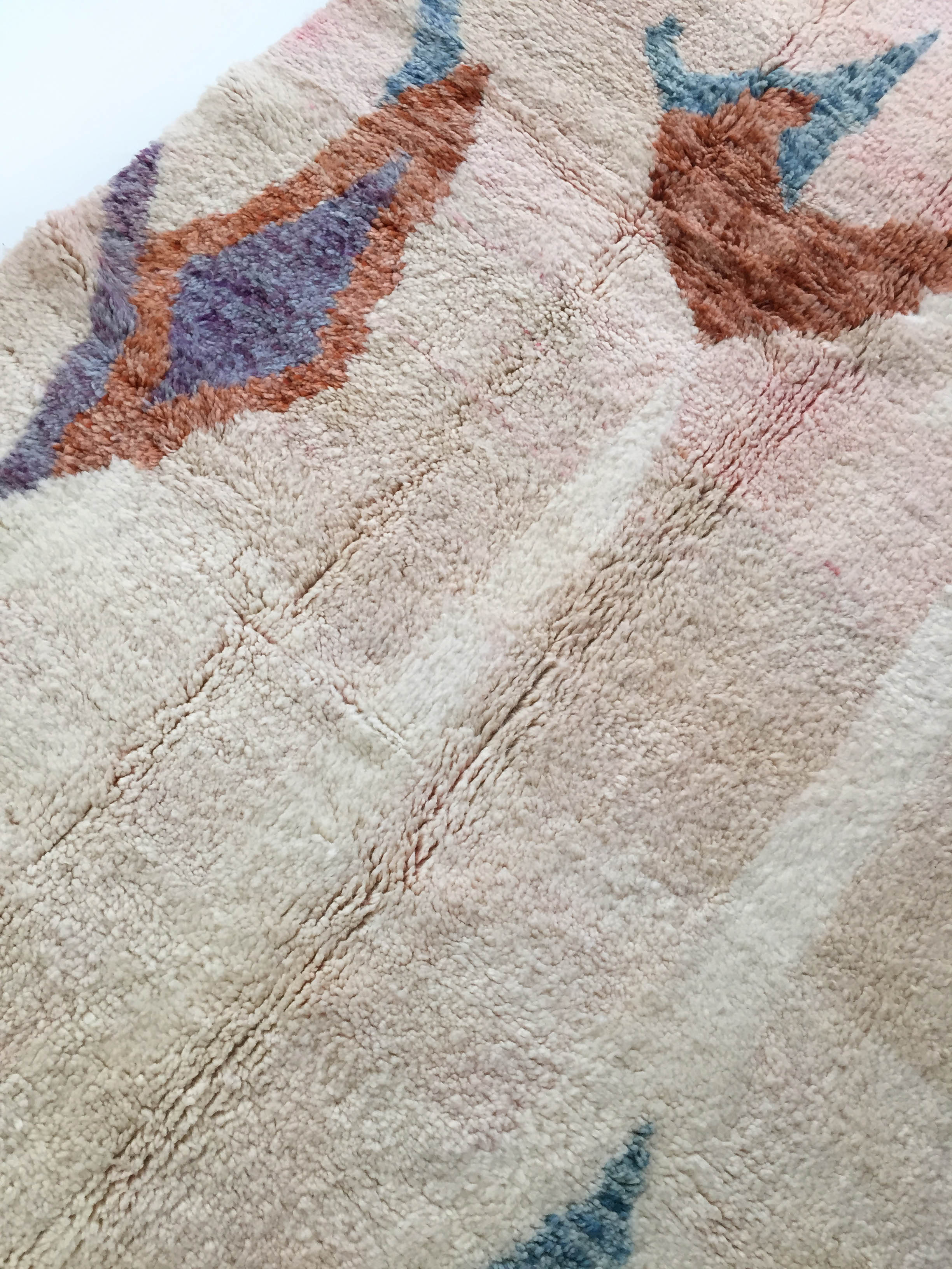 Moroccan Berber carpet Boujaad ecru and pink with colorful patterns 250x160cm