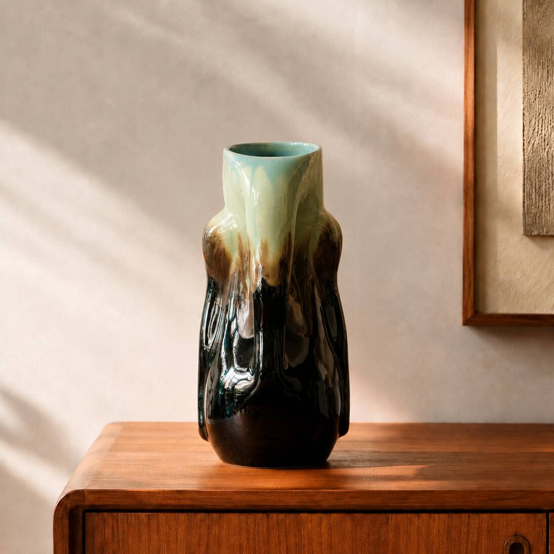 Rare ancient organic vase from Thulin in glazed flame pottery.