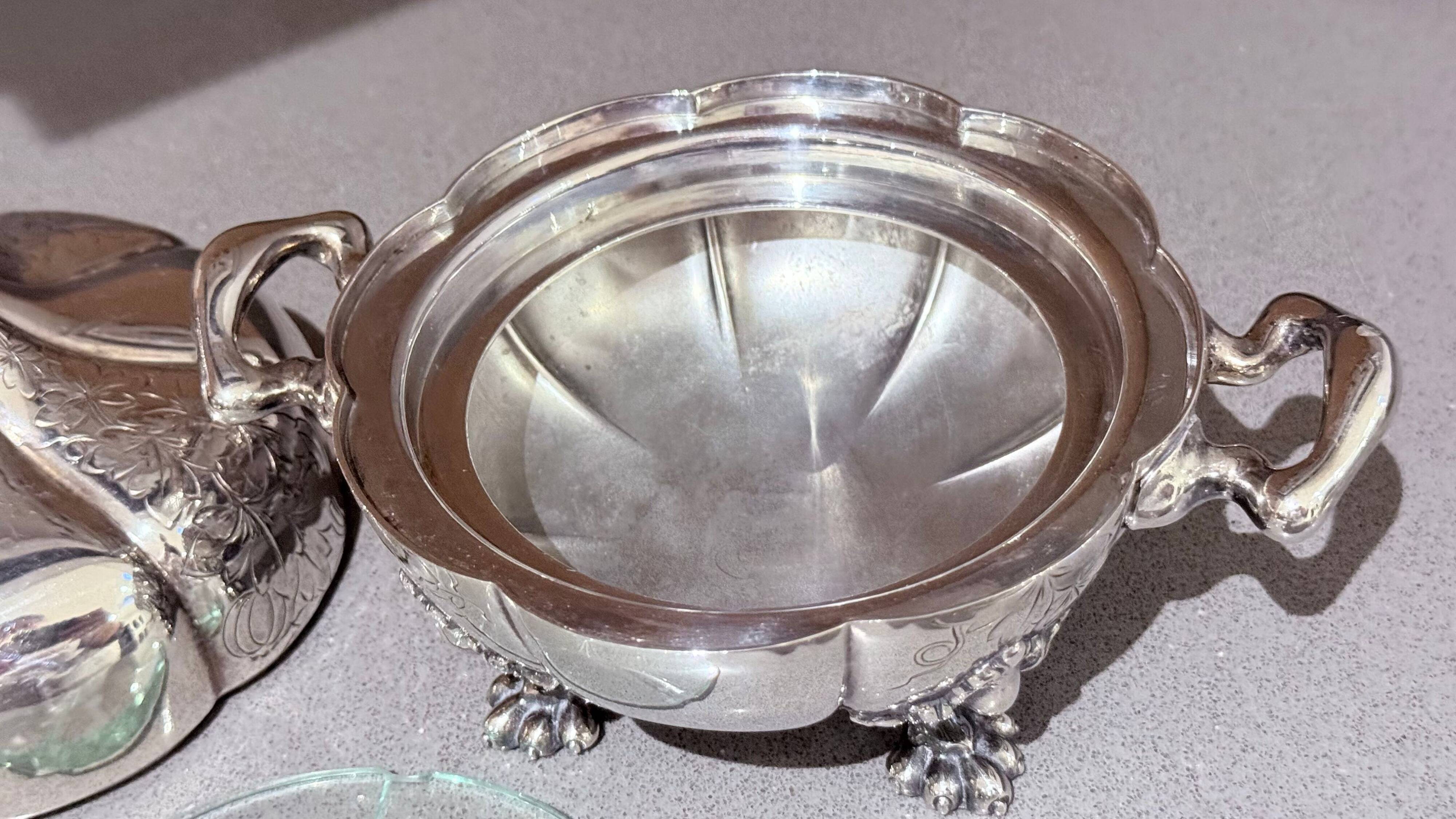 Antique Decorative Caviar Dish Caviar Serving, Silver Quadruple Plate Lid, Spoon