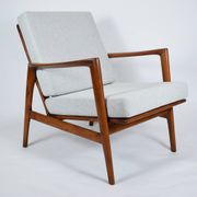 Fauteuil original restauré, tissu gris clair, années 1960, usine de meubles Swarzedzka