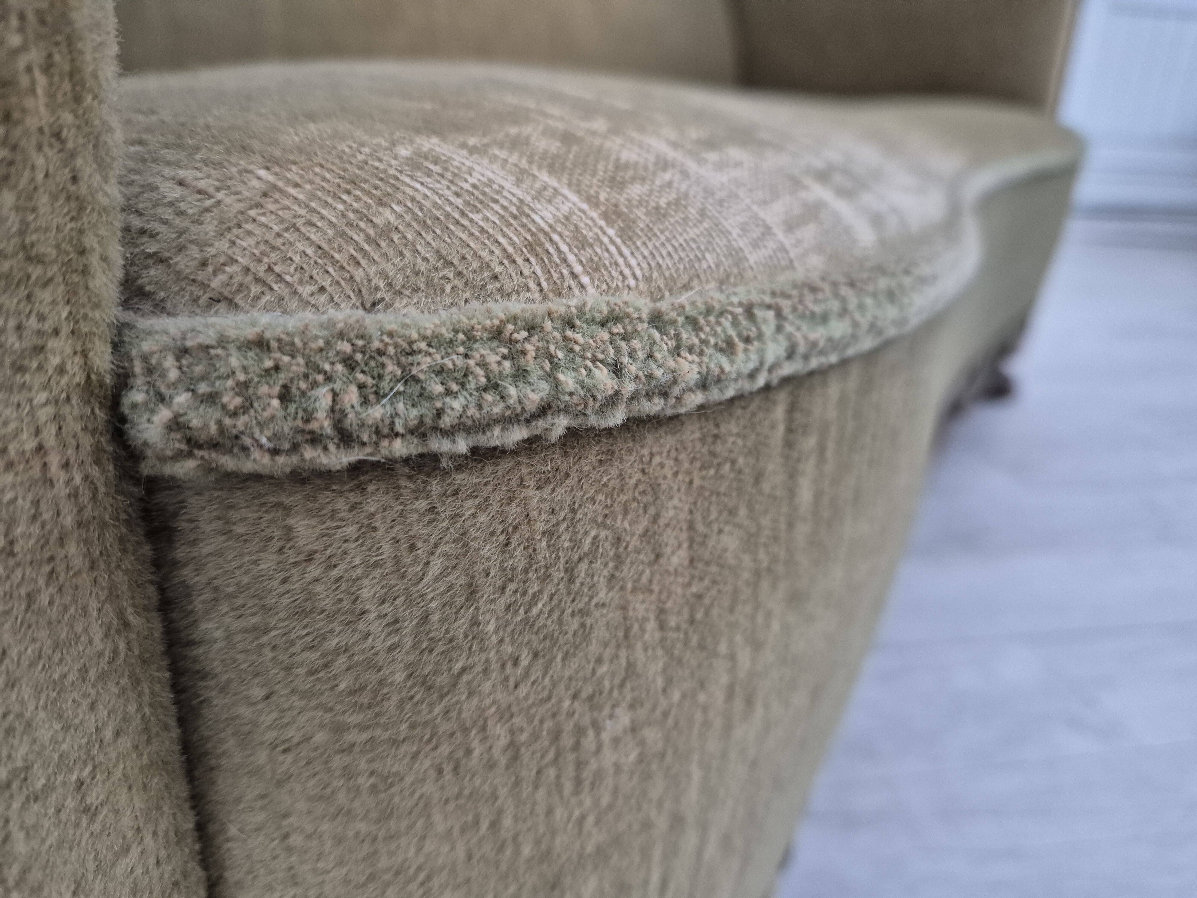 1950s, Danish curved sofa, furniture velour, oak wood.