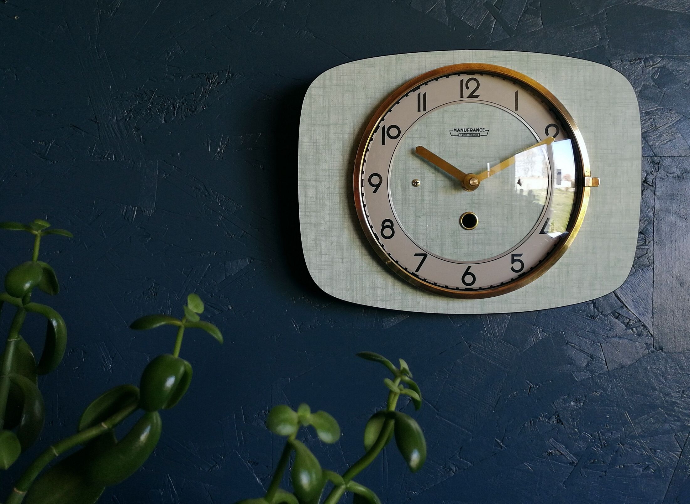 Vintage formica clock silent rectangular wall clock "Manufrance green"