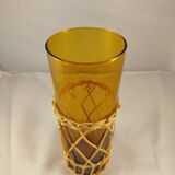 Carafe and 5 glasses set, amber glass and woven wicker, bohemian chic