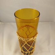 Carafe and 5 glasses set, amber glass and woven wicker, bohemian chic