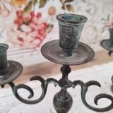 Set of 2 candlesticks 3 bobèches in patinated brass vert-de-gris