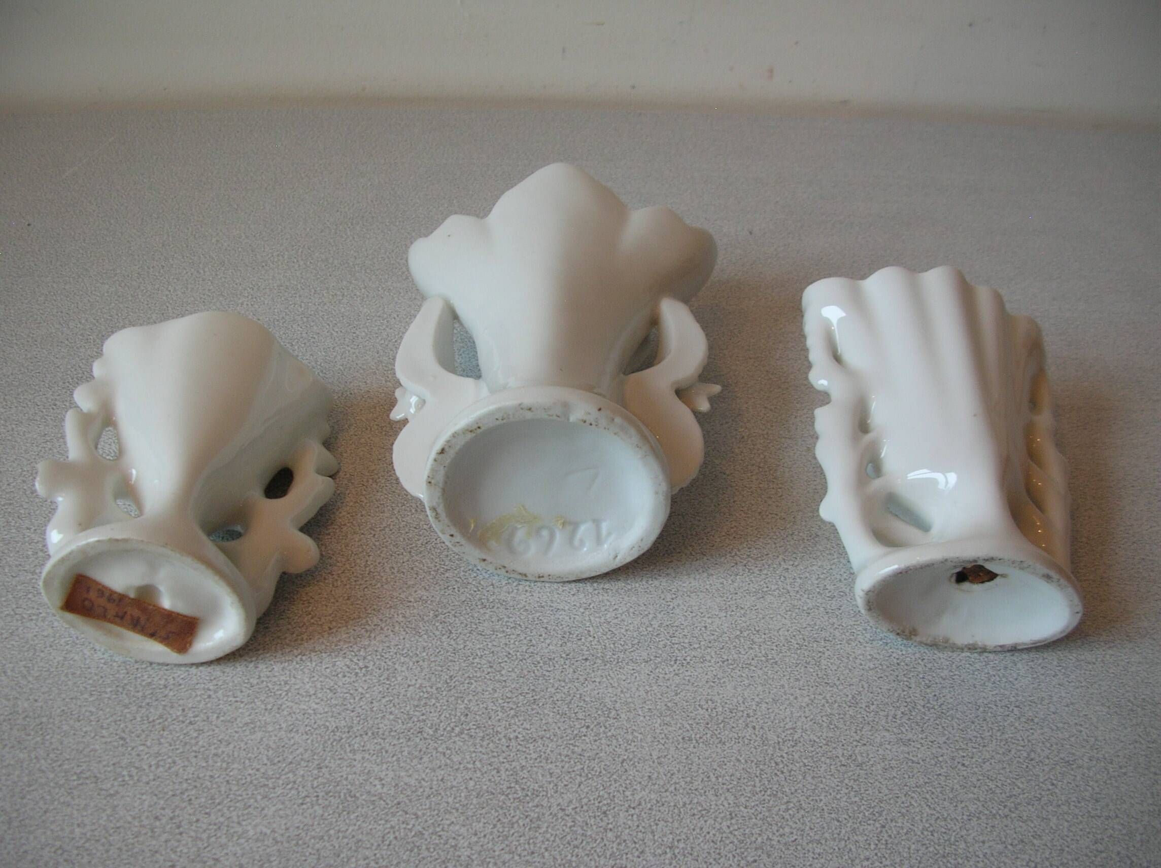 Set of 3 old small wedding communion baptism vases in white gold porcelain