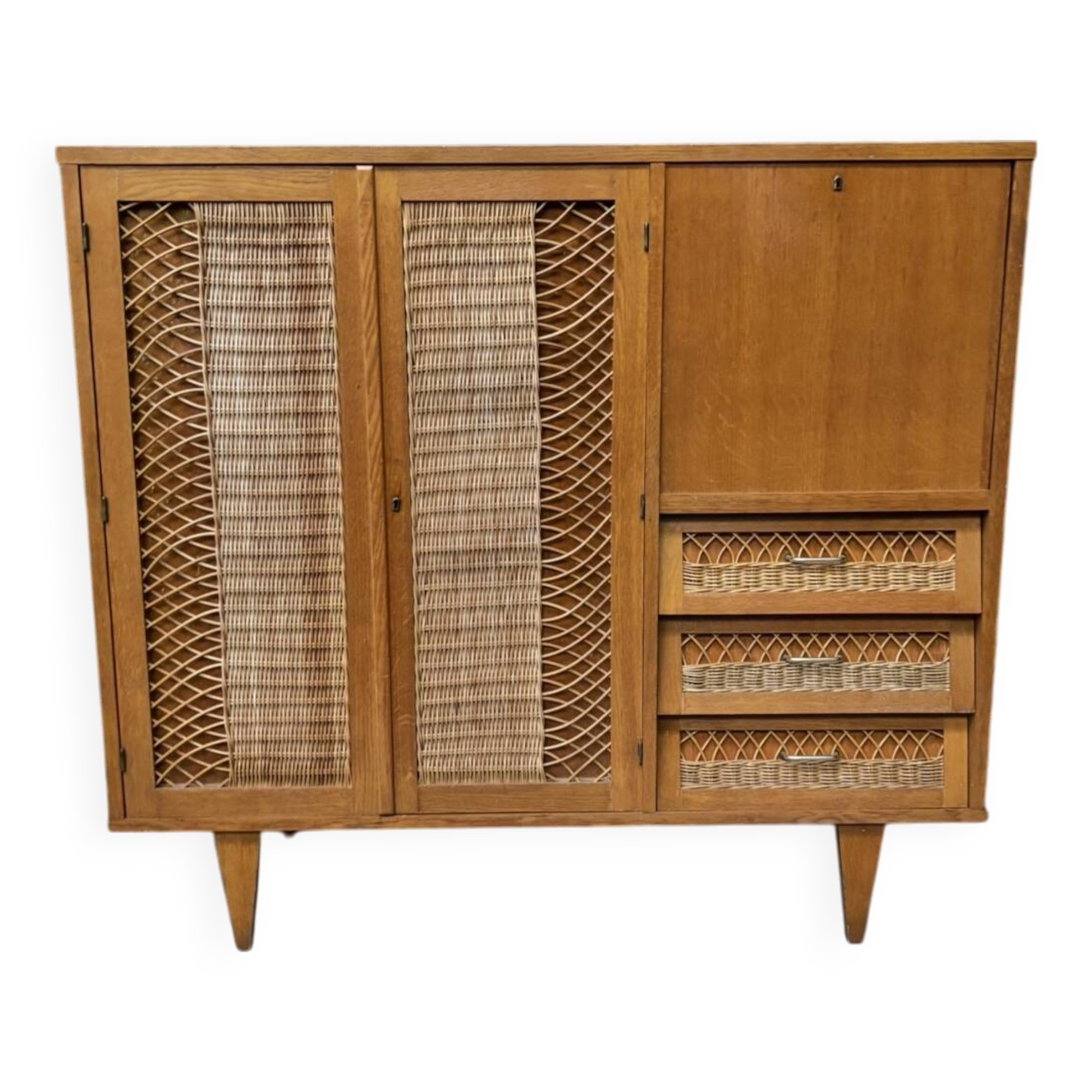 Vintage retro 1960s rattan and wood cabinet with desk section