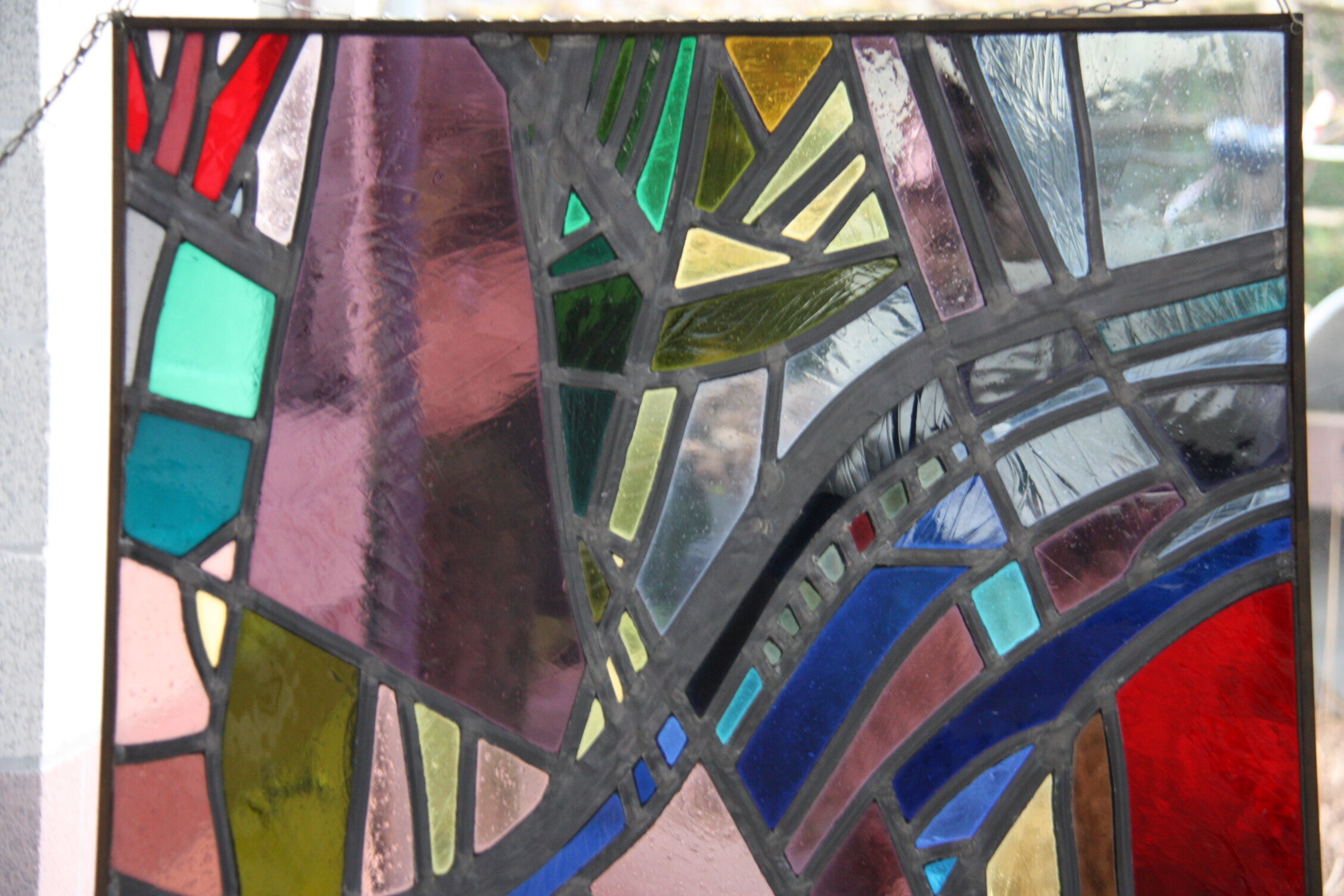 Multicolored stained glass window with hanging system - Germany - 1970's