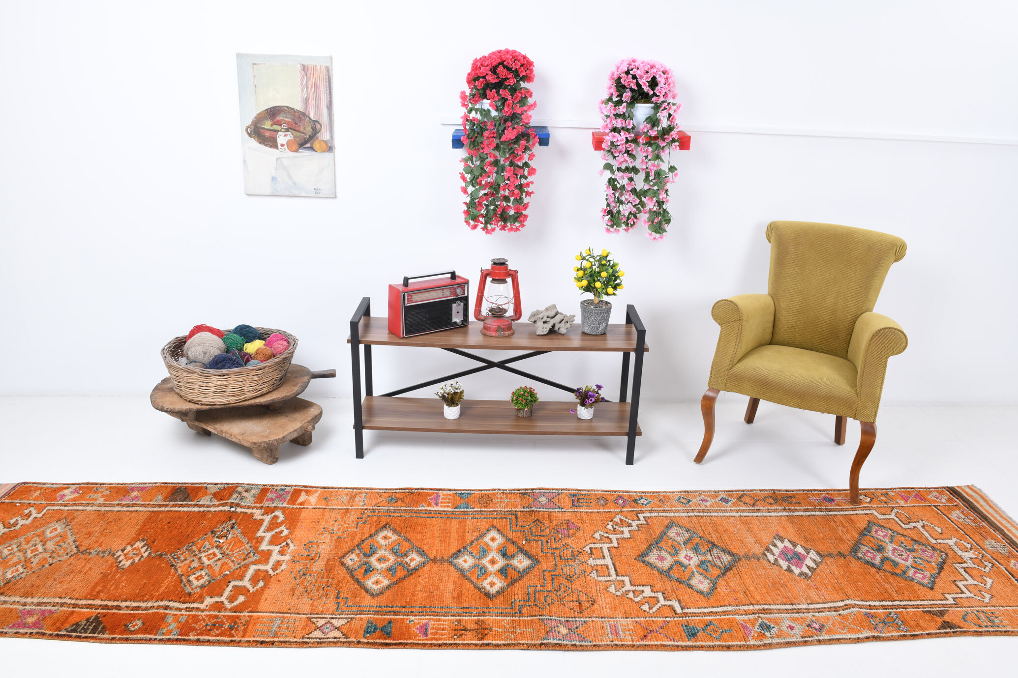 3x12 orange & beige long turkish vintage runner rug 387x87cm