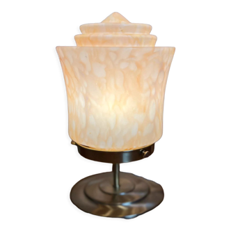 Vintage table lamp skycraper opaline marbled pink and white