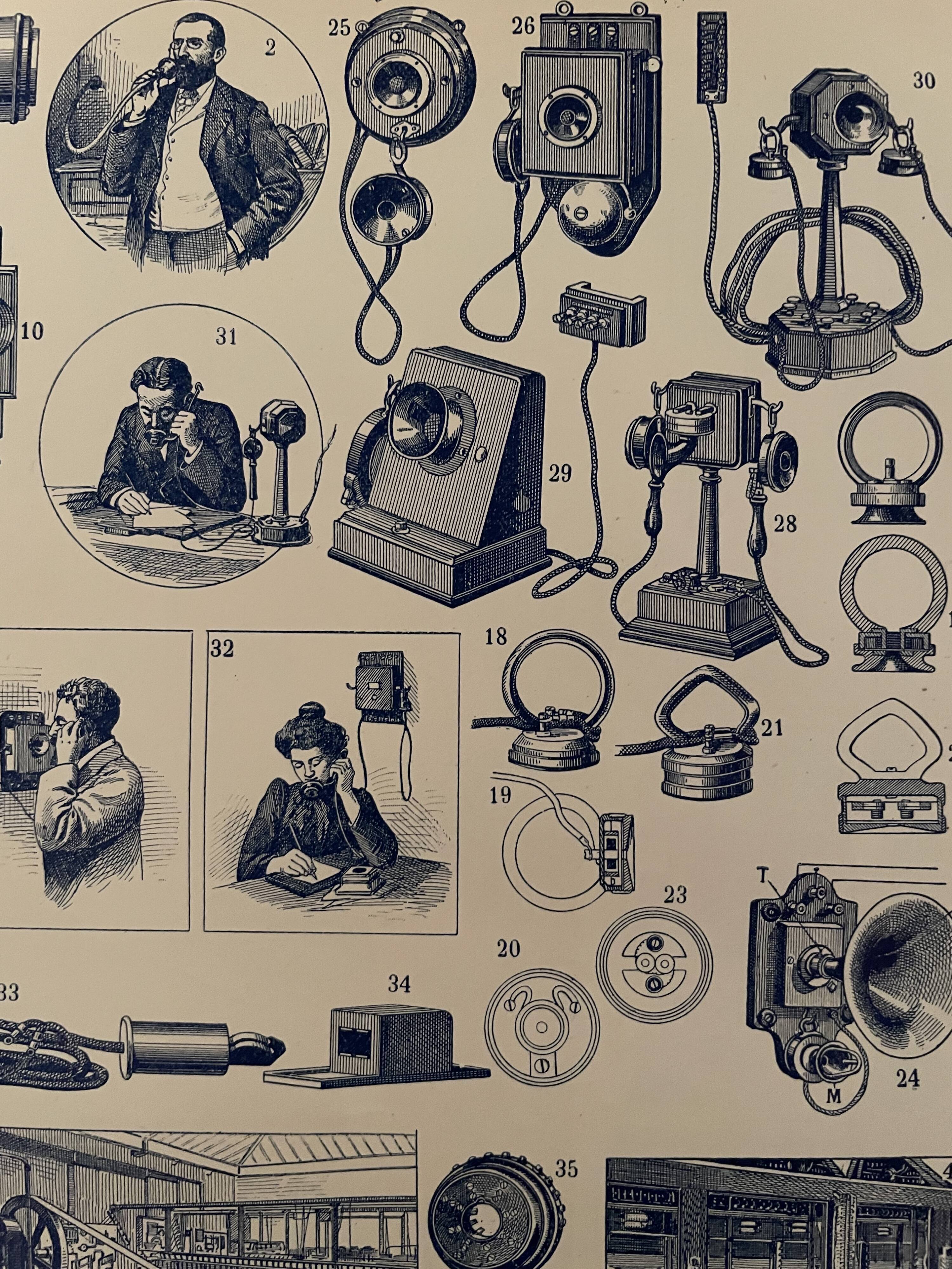 Lithographie gravure sur le téléphone et le télégraphe de 1897