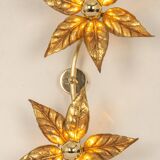 Large double flower wall sconces in brass, Willy Daro style, 1970s.
