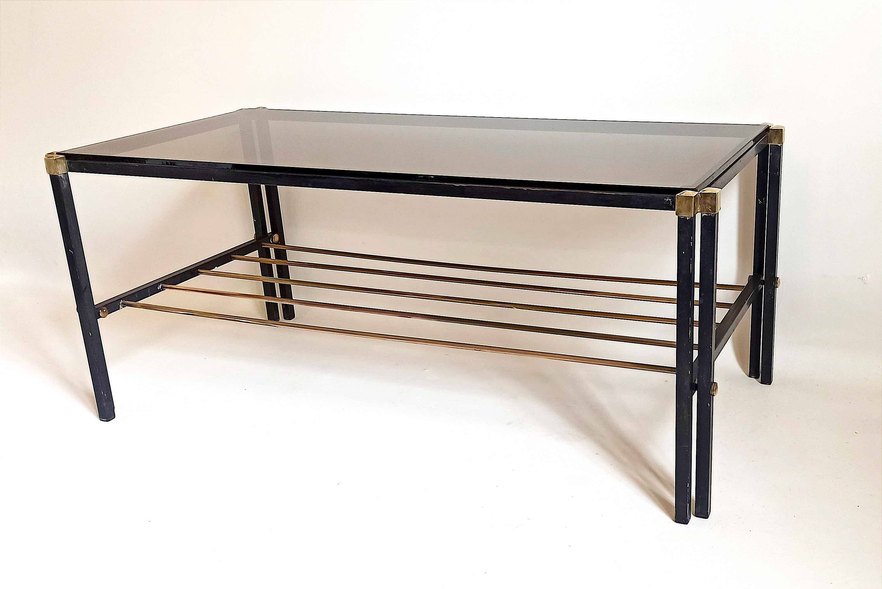 Magazine holder coffee table 1960s smoked glass, metal and brass Width 94.2 cm