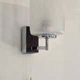 Pair of vintage wall lights in chrome-plated metal, glass and wood shades - design