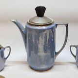 Art deco coffee service in fine iridescent blue porcelain, metal and wood