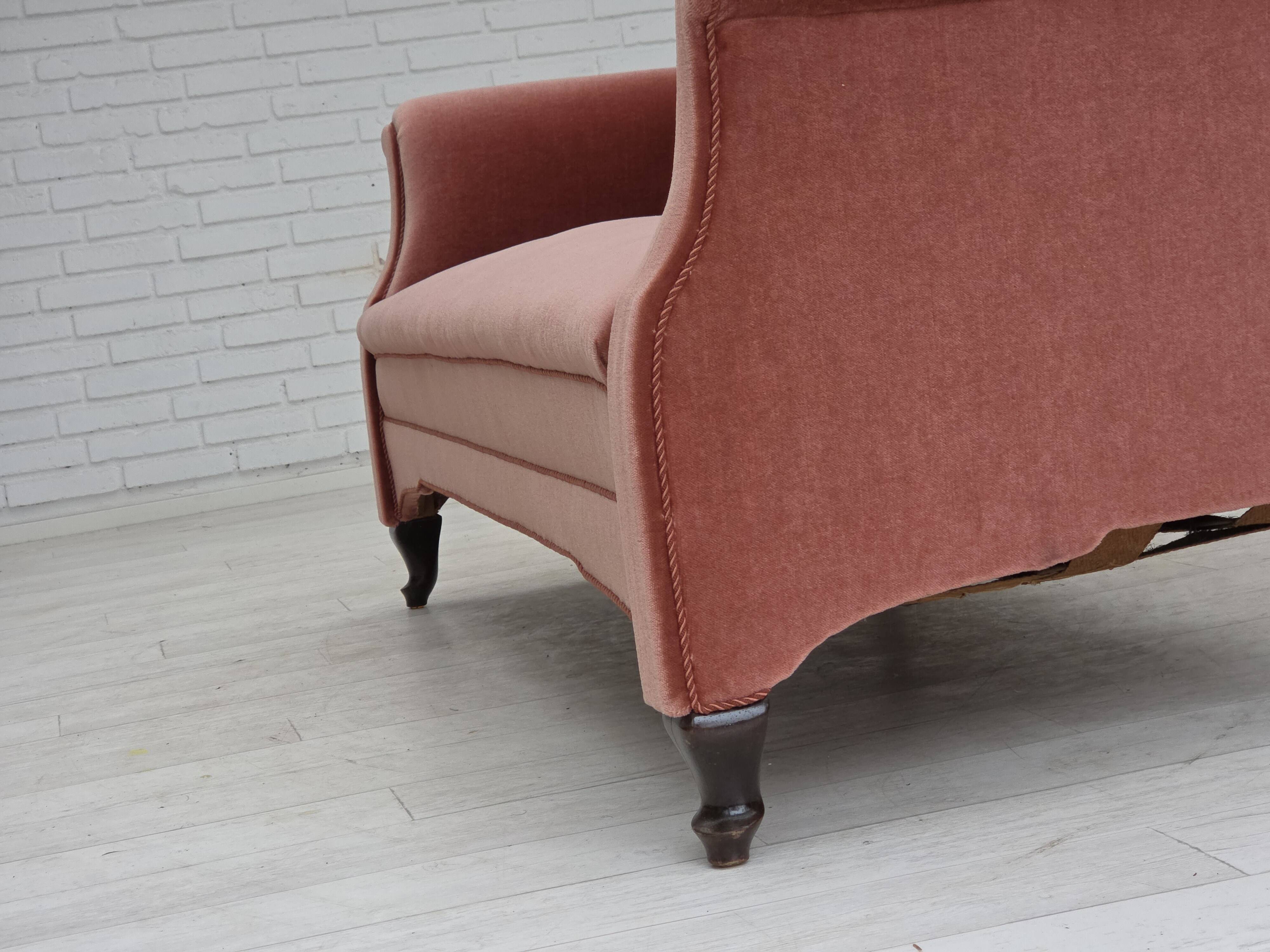1950s, Danish 2-seater sofa, salmon pink furniture velour, oak wood legs.