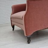 1950s, Danish 2-seater sofa, salmon pink furniture velour, oak wood legs.