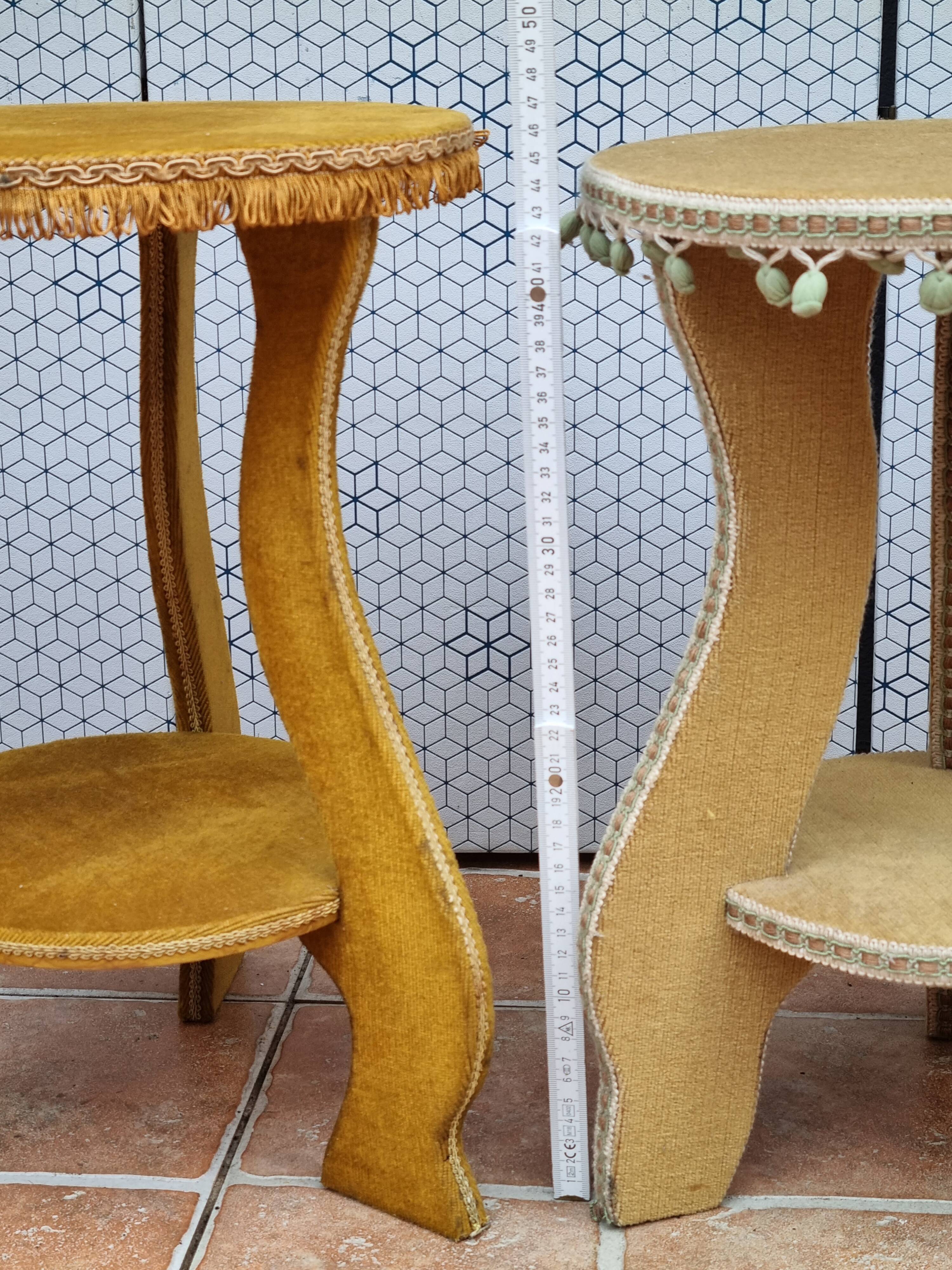 Pair of vintage velvet upholstered pedestal tables – 1950s, 44 cm high