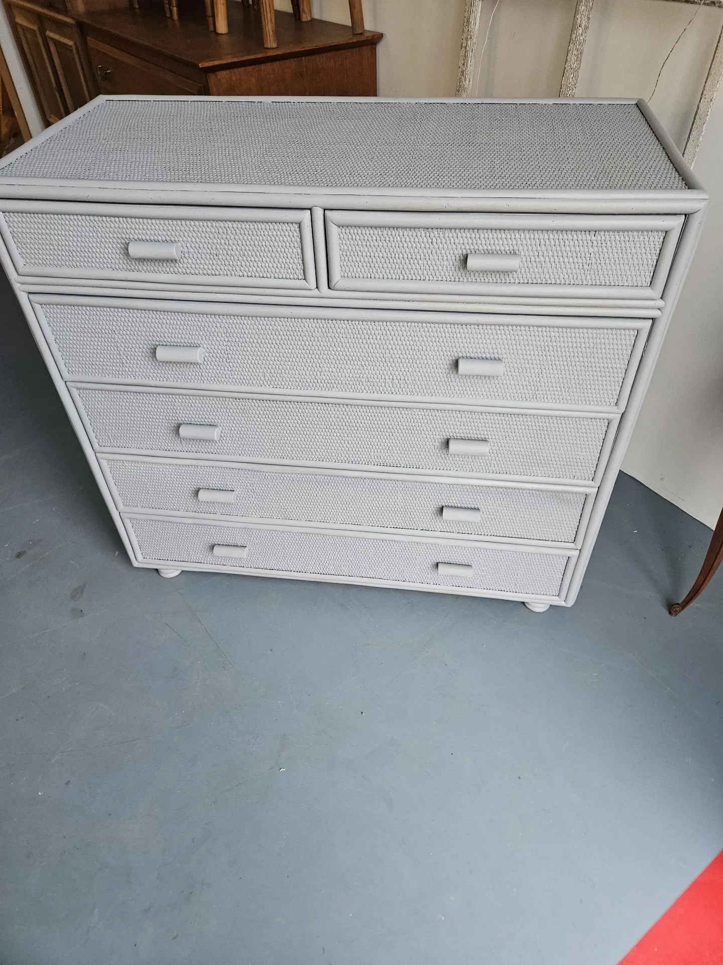 Vintage grey wood and rattan chest of drawers