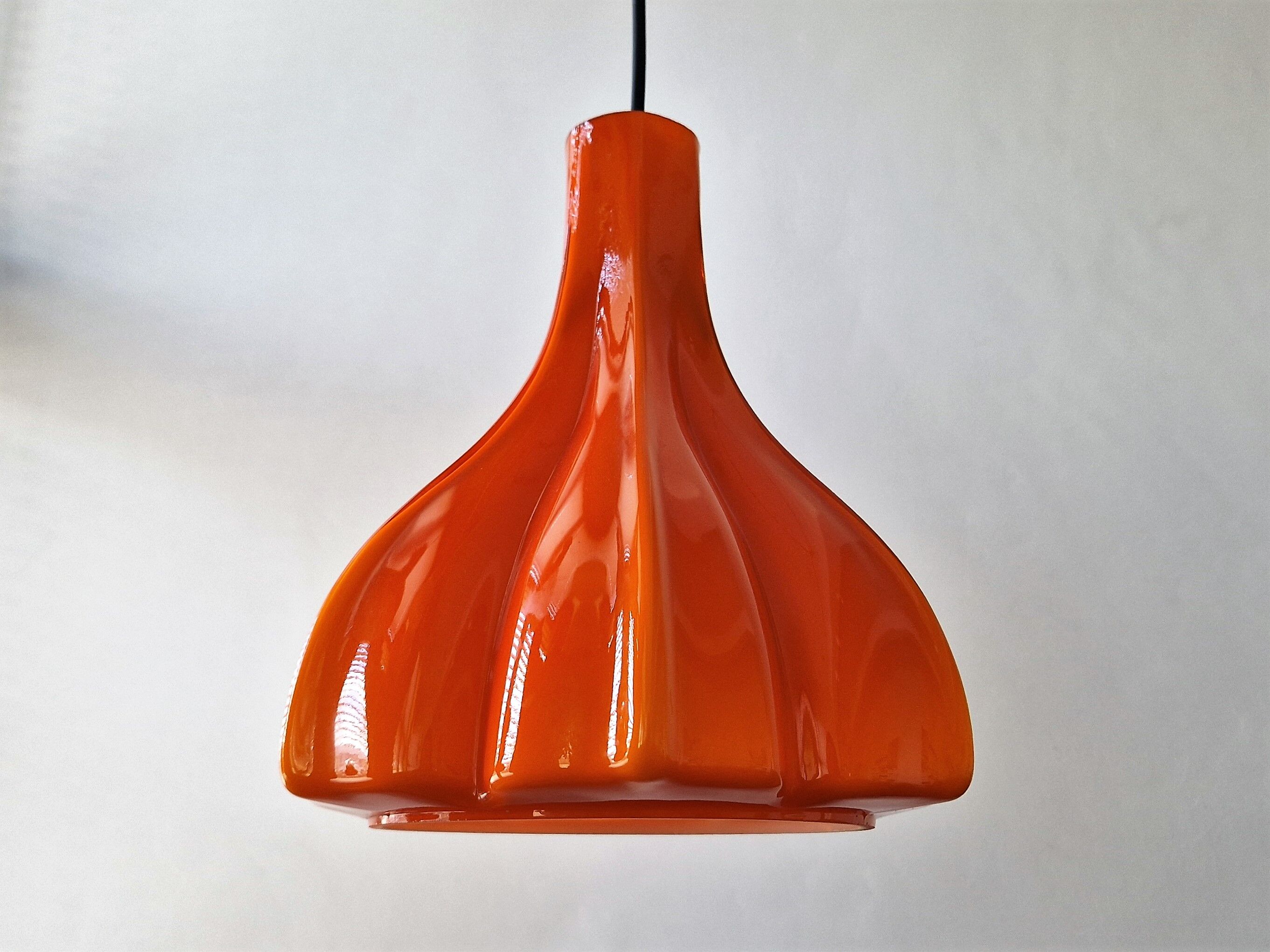 Flower shaped orange glass pendant lamp by peill & putzler, germany, 1970s