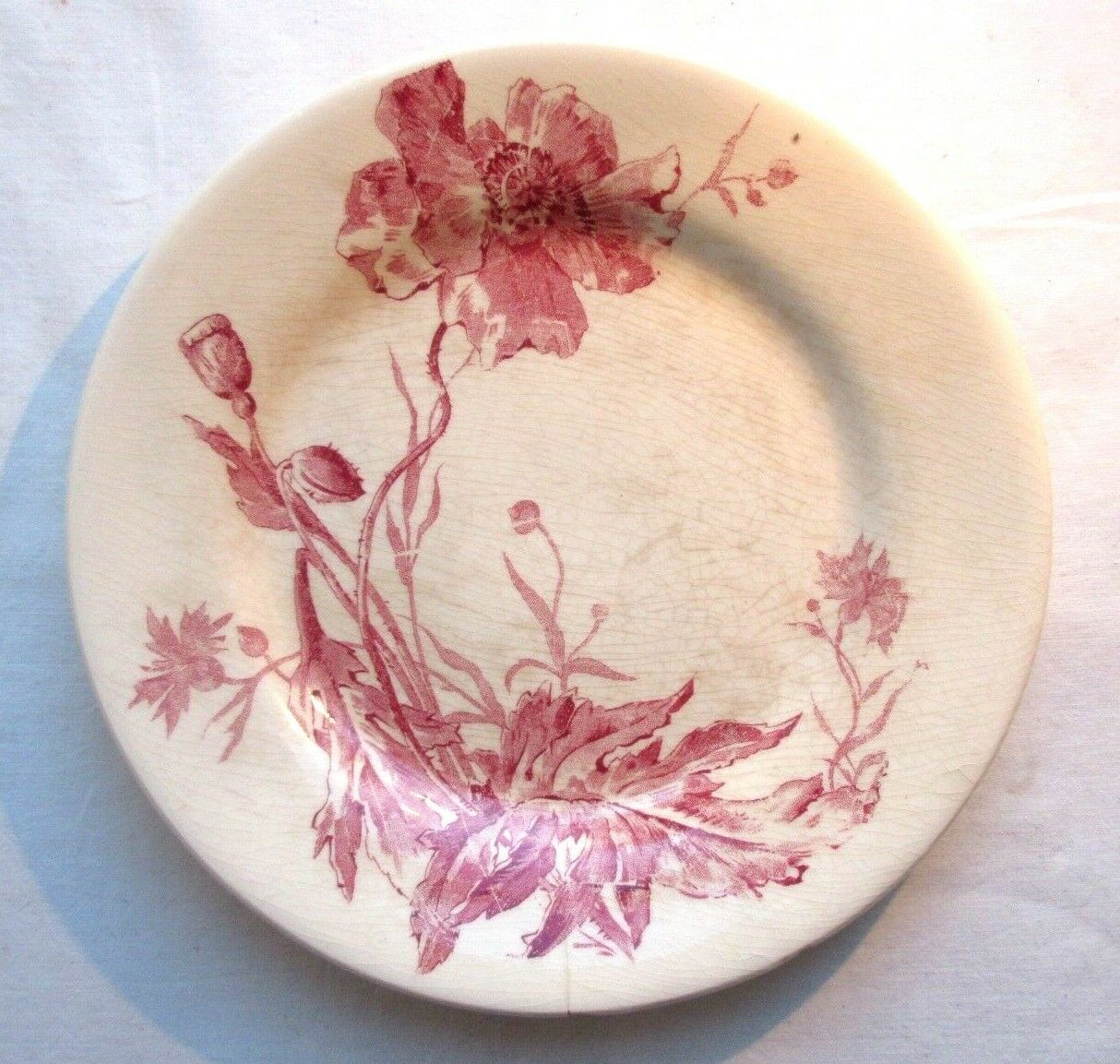 Assiette plate art nouveau en rose, porcelaine, modèle rose trémière de gien