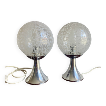 Pair of Mid-Century Chrome Table Lamps with Frosted Globe Shades – Space Ag