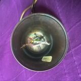 Vintage chandelier art-deco gold metal bronze three half-globes frosted glass and fabric stamps