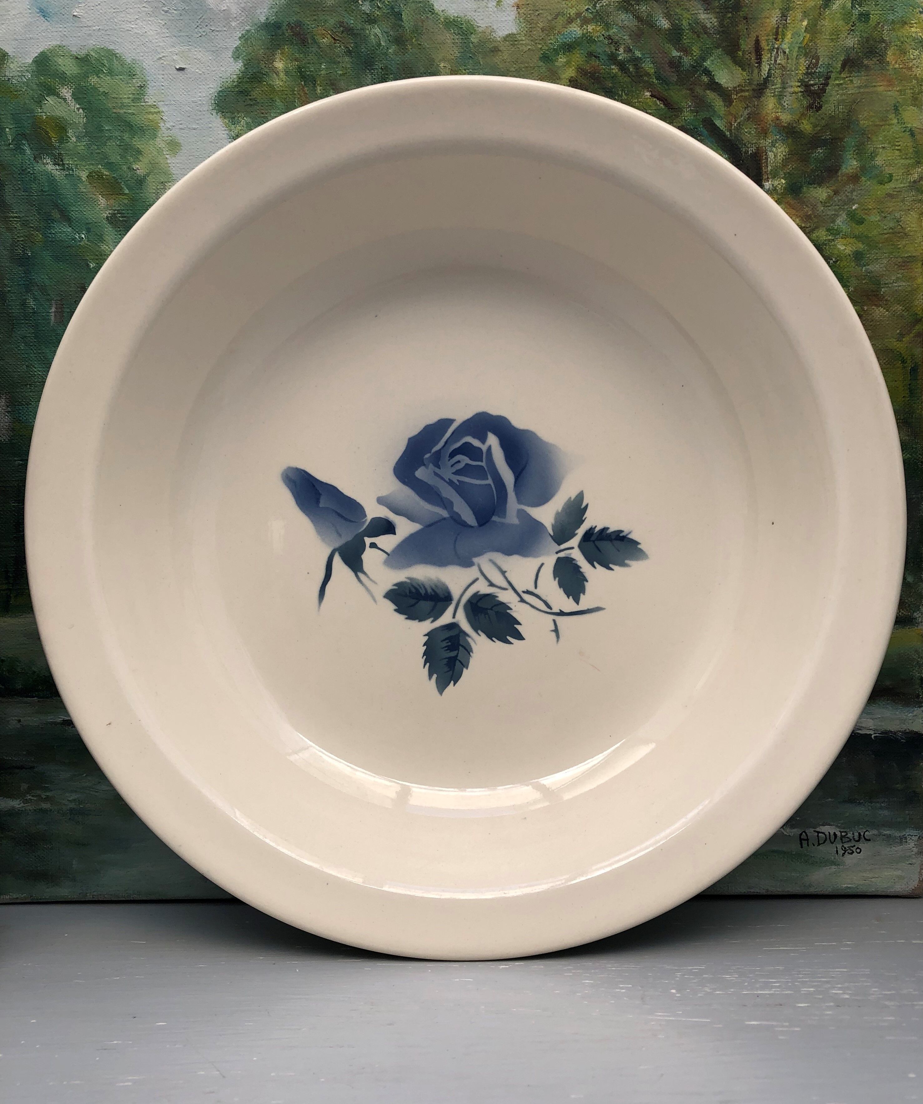 Set of 2 round dishes Sarreguemines Digoin France number 4 with blue pink floral decoration.