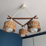 Suspension in teak and rattan, Doria Leuchten from the 1950s.