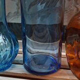 Trio vintage vase bottle and jar in amber and blue glass