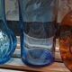 Trio vintage vase bottle and jar in amber and blue glass