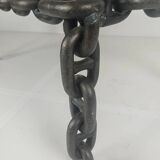 Table basse vintage brutaliste en fer noir à mailles de chaîne avec verre fumé d'origine, années 70