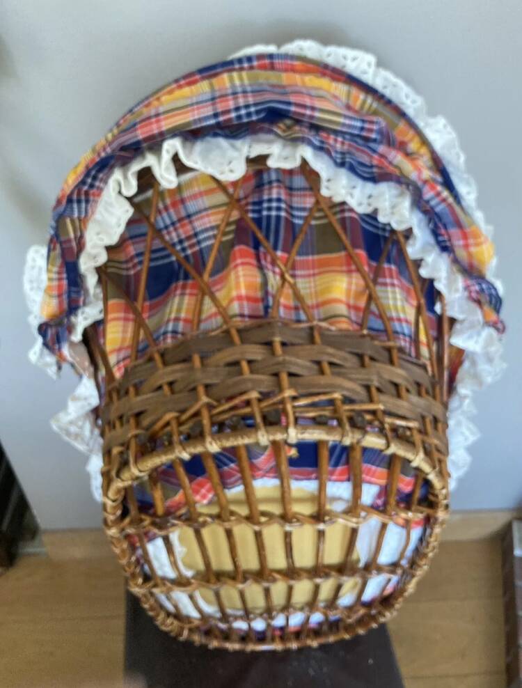 1970s wicker rattan portable bassinet cradle complete with bedding