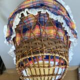 1970s wicker rattan portable bassinet cradle complete with bedding