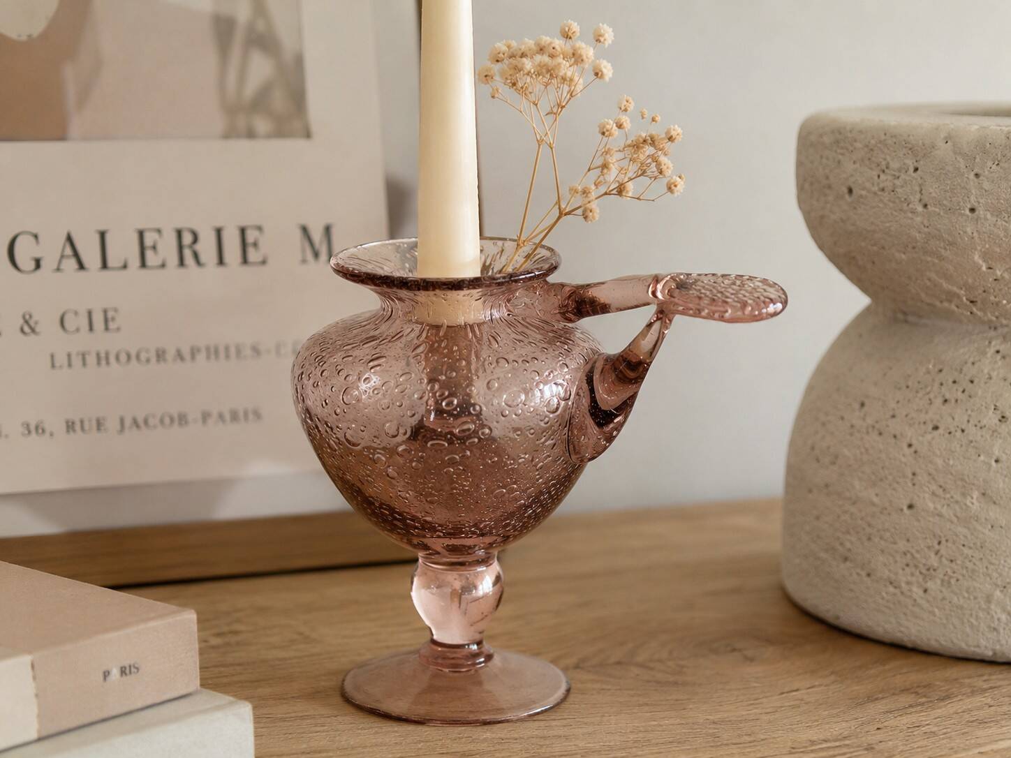 Biot candle holder vase in powder pink blown bubble glass.