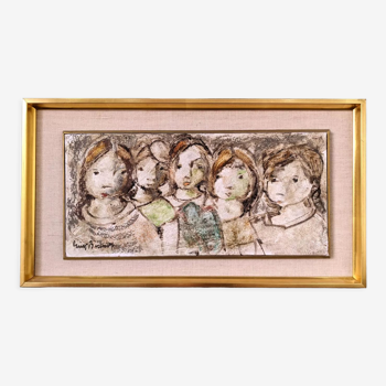 Mid-century modern swedish "the children" figurative framed oil painting