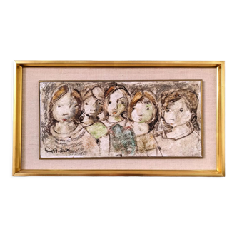 Mid-century modern swedish "the children" figurative framed oil painting