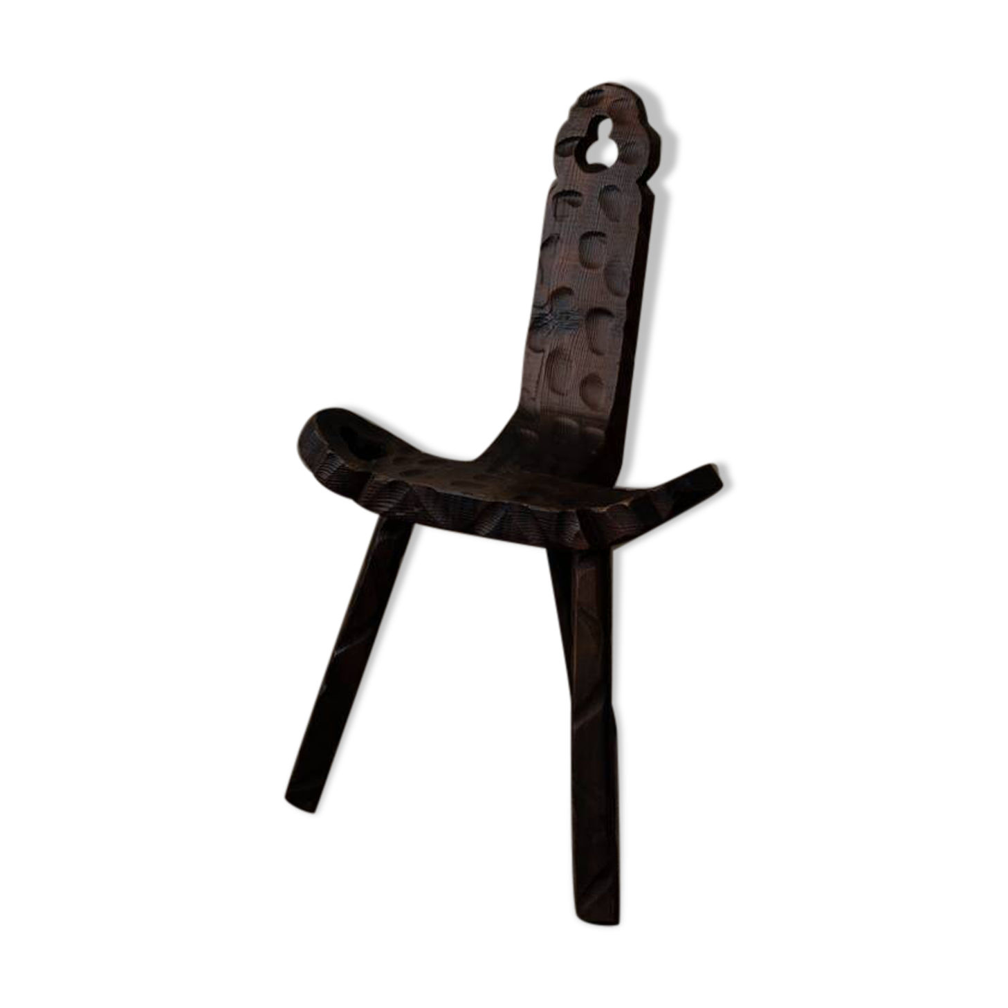 Spanish brutalist tripod chair in carved solid wood