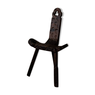 Spanish brutalist tripod chair in carved solid wood