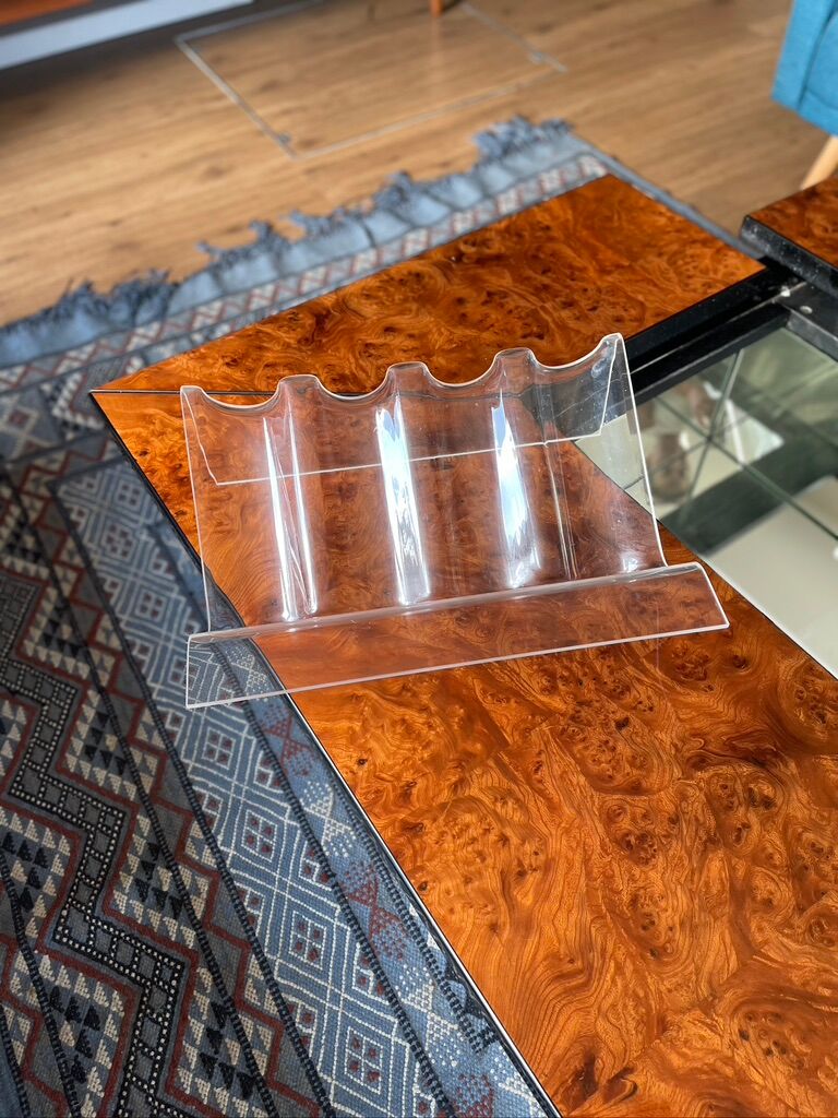 Table basse bar cocktail caché en loupe d'orme de Paul Michel, 1970 Roche Bobois