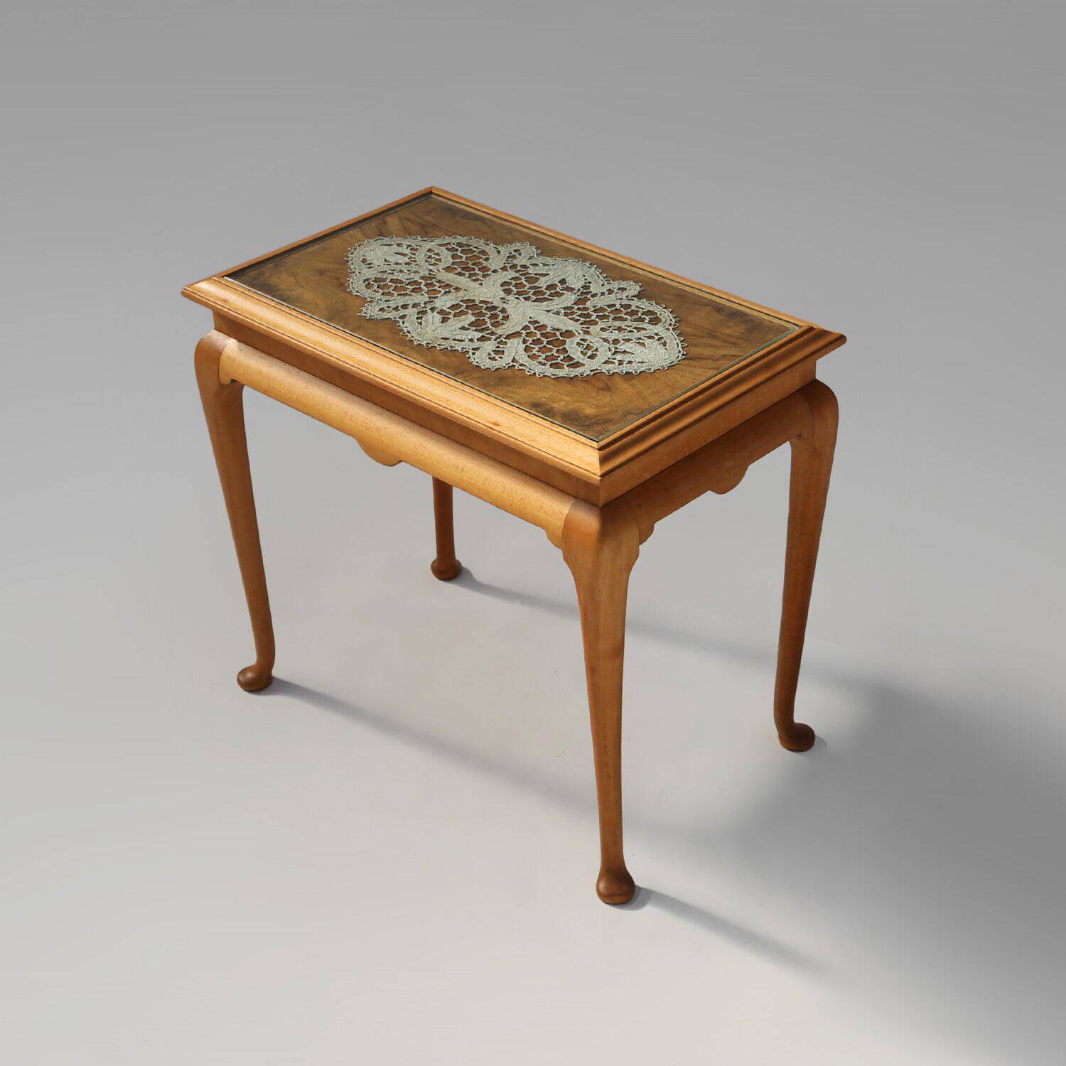 Side Table in Beech with Lace Inlay and Glass Top, France 1950s