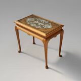 Side Table in Beech with Lace Inlay and Glass Top, France 1950s