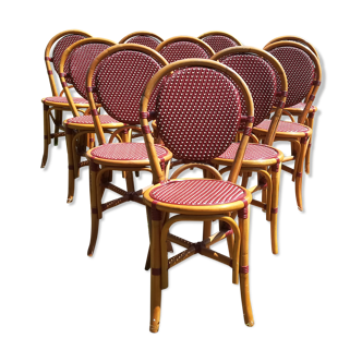 Lot de 10 chaises bistrot terrasse "parisienne" rotin et tressage rouge