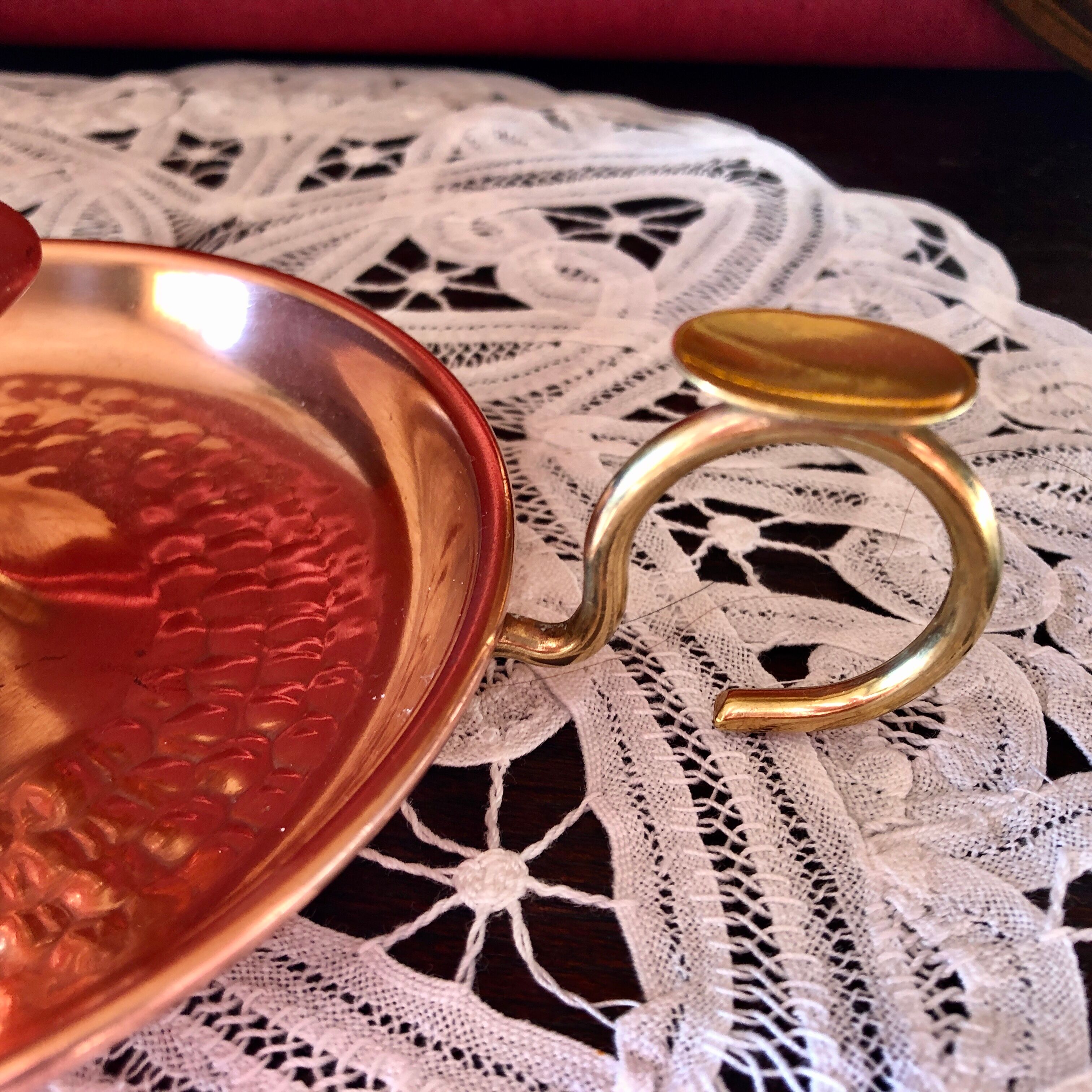 Hammered red copper and brass hand candle holder