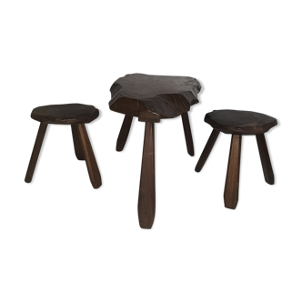 Table tripode avec 2 tabourets en sapin