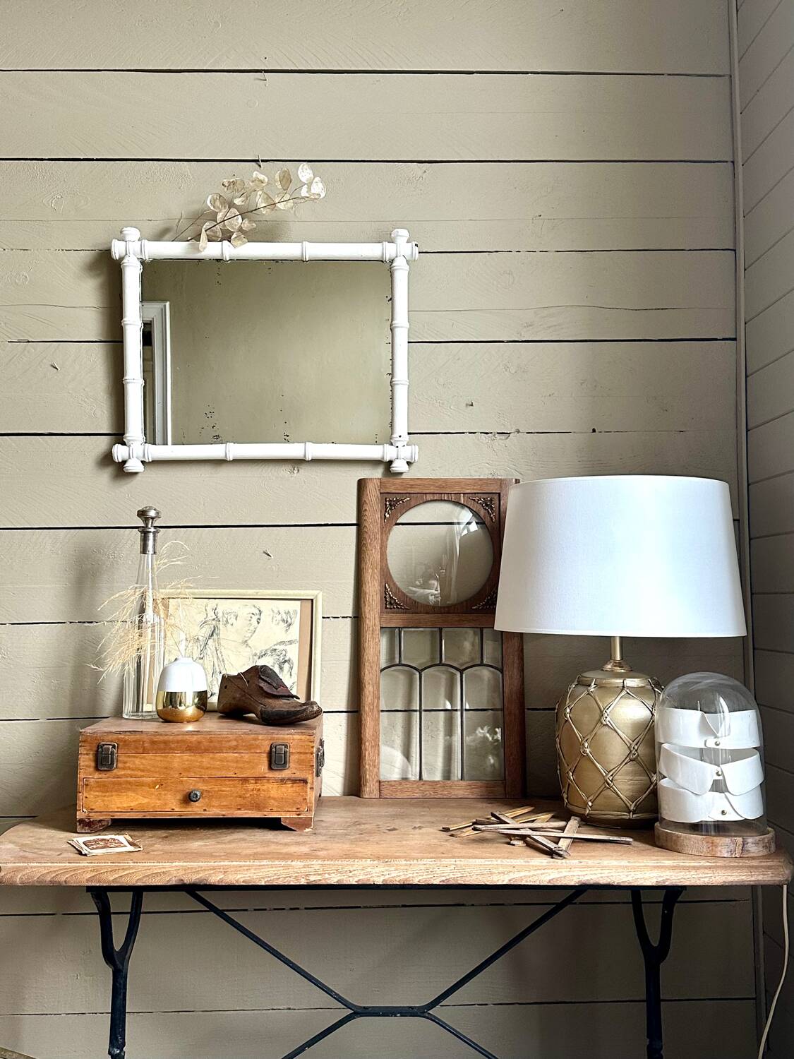 Large bamboo-style wooden mirror