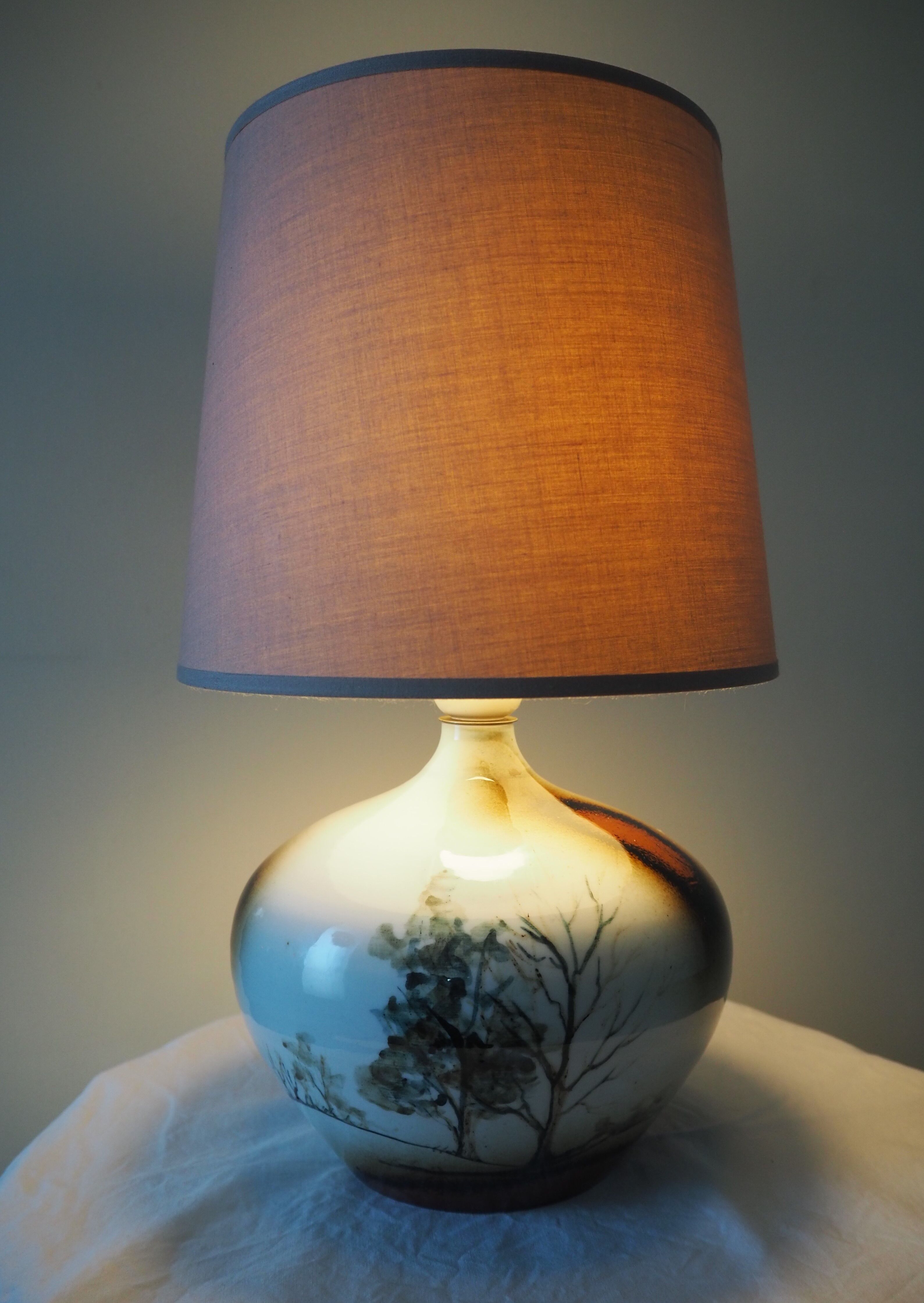 Enamelled ceramic ball lamp signed bossis and fabric lampshade