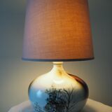 Enamelled ceramic ball lamp signed bossis and fabric lampshade